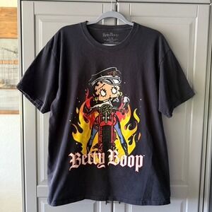 Betty Boop Women's Motorcycle Flames Graphic T Shirt,Black,L‎